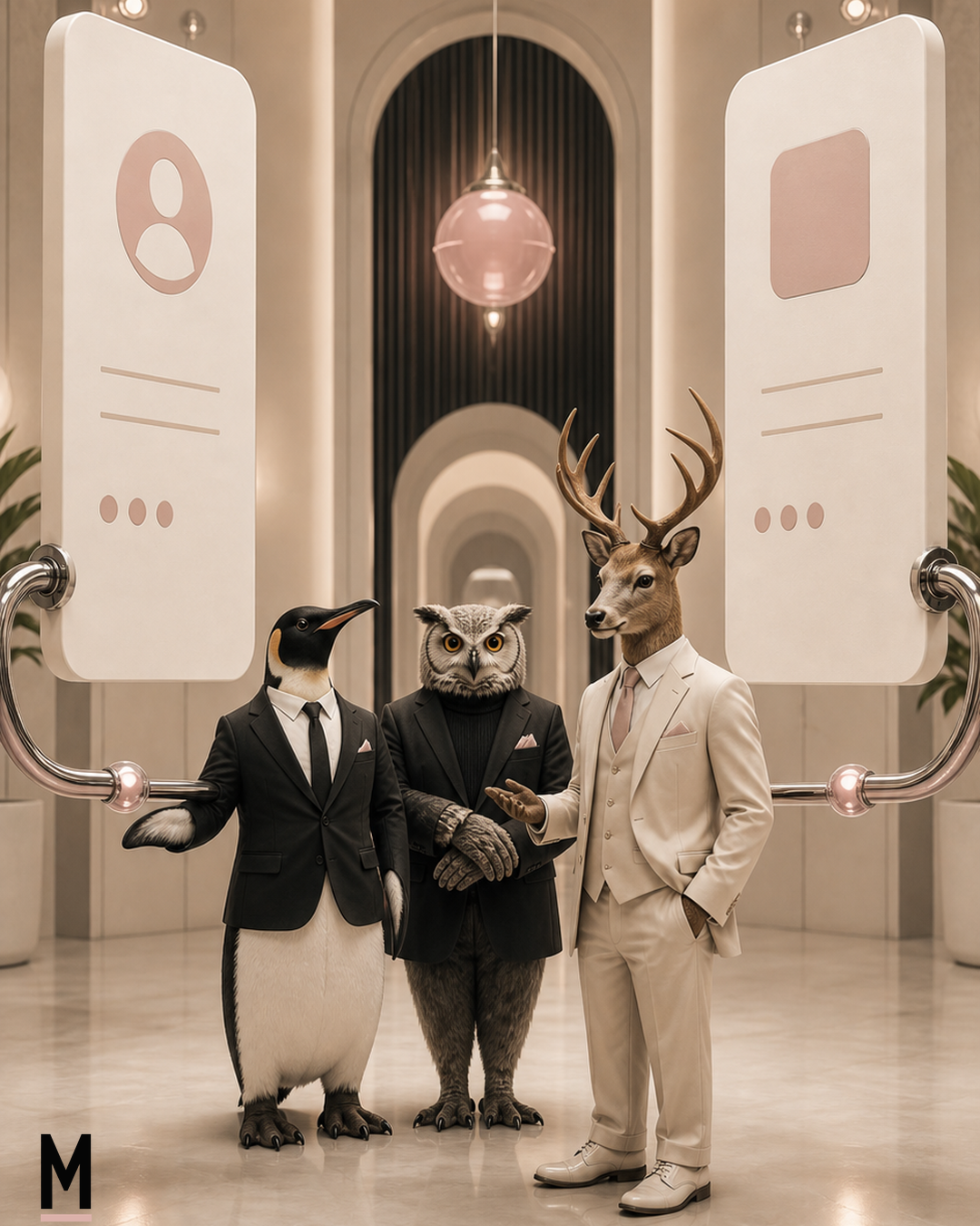 Animal business characters mediating two giant app cards.