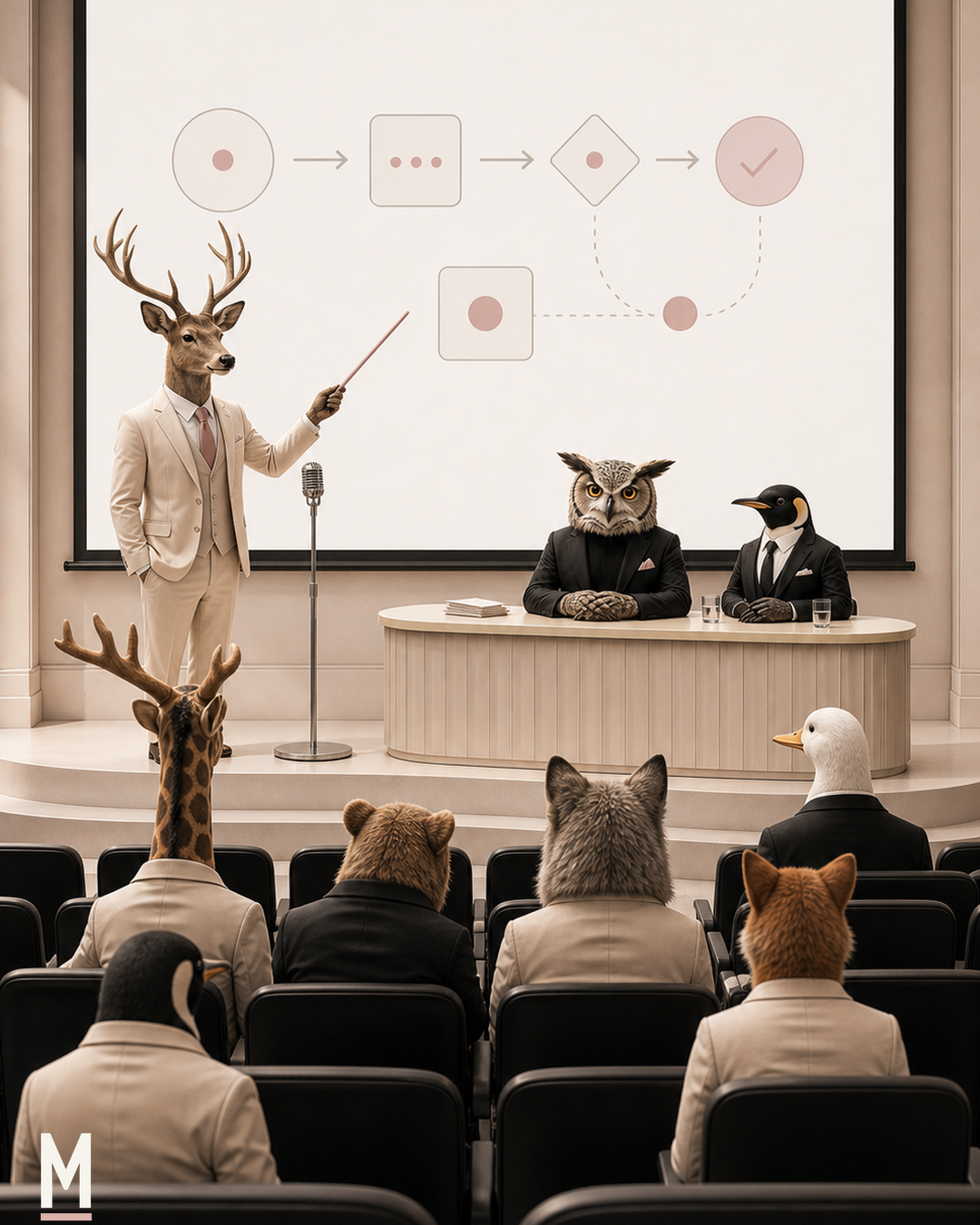Animal executives in a clean auditorium presenting a workflow map.